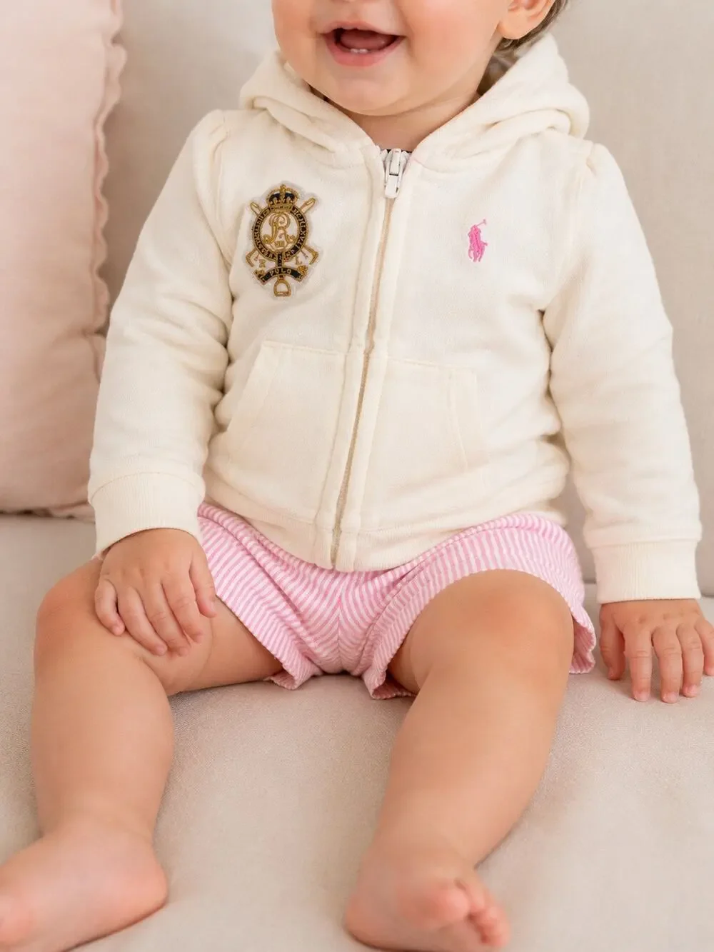 Ralph Lauren Baby Girls Cream Crest Zip Hoodie 12M Preppy Quiet Luxury